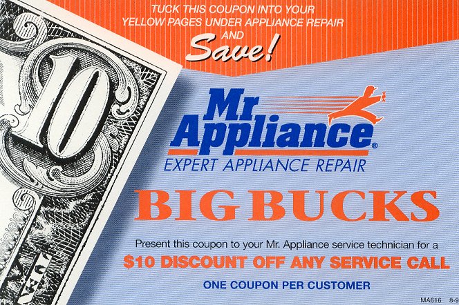 Present this coupon to Mr. Appliance on your next service call and have $10 taken off your repair bill!